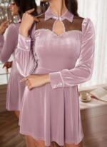 Kadın Uzun Kollu Yakalı Tül Detaylı Incili Mini Kadife Elbise - Görsel 2