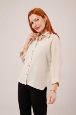 Kol Katlama Detaylı Bej Gömlek - Görsel 4