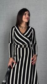 Kadın Uzun Kollu Kruvaze Yaka Kemer Dahil çizgili Triko Elbise - Görsel 2