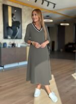 Kadın Uzun Kollu V Yakalı Midi çağla Yeşili Modal Elbise - Görsel 5