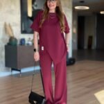 Kadın Kısa Kollu Bisiklet Yaka Asimetrik Viskon Iki Iplik Bluz Ve Pantolon Ikili Takım