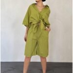 Yağ Yeşili Kısa Kollu Keten Gömlek Ve Şort Takım