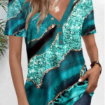 Kadın Kısa Kollu V Yakalı önden Düğmeli Baskılı Süprem Bluz