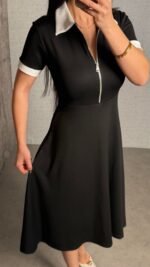 Kadın Kısa Kollu Ribana Ve Fermuar Detay Midi Boy Elbise - Görsel 8