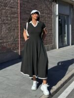 Kadın Kısa Kollu V Yakalı Pileli Uzun Janjan Krep Elbise - Görsel 4