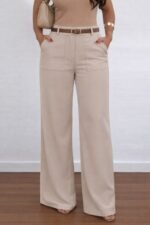 Kadın Yüksek Bel Geniş Paça Detaylı Cepli Ithal Krep Pantolon - Görsel 2