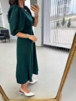 Kadın Kısa Kollu Bisiklet Yaka Fiyonk Broşlu Midi Janjan Krep Elbise - Görsel 3