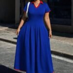 Kadın Kısa Kollu V Yakalı Pileli Uzun Janjan Krep Elbise