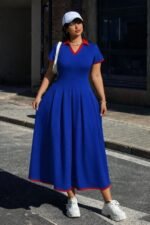 Kadın Kısa Kollu V Yakalı Pileli Uzun Janjan Krep Elbise