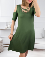 Dekolteli Bağcık Detay Viskon Kumaş Elbise - Görsel 4