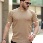 Erkek Bisiklet Yaka çizgi Desenli Ribanalı Kısa Kollu Tshirt