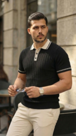 Erkek Düğme Yakalı Kontrast Yaka Triko Tişört