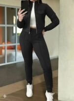 Kadın Uzun Kollu önden Fermuarlı Kısa Modal Ceket Ve Pantolon Ikili Takım - Görsel 4