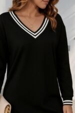 Kadın Uzun Kollu V Yakalı şerit Detaylı Kısa Viskon Iki Iplik Elbise - Görsel 2