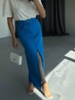 GABARDİN UZUN ÖNDEN YIRTMAÇLI ETEK - Saks - Görsel 4