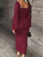 Kadın Uzun Kollu Geometrik Yakalı Yandan Yırtmaçlı Uzun Janjan Krep Elbise - Görsel 2