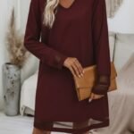 Kadın Uzun Kollu V Yakalı Tül şerit Detaylı Mini Krep Elbise