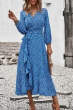 Kadın Uzun Kollu Kruvaze Yaka Yandan Bağlamalı önden Fırfır Detaylı Süprem Uzun Elbise - Görsel 4