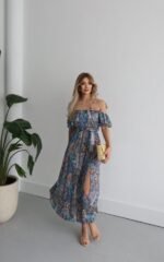 Kadın Kısa Kollu Madonna Yaka Fırfırlı Belden Yırtmaçlı Maksi Süprem Elbise - Görsel 10