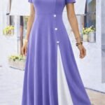 Kadın Kısa Kollu Asimetrik Yakalı Düğme Detaylı Midi Viskon Elbise