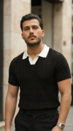 Erkek Desenli Kısa Kollu Triko Tişört - %100 Pamuk Akrilik