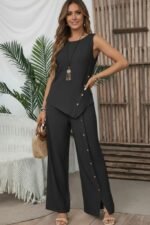 Kadın Askılı Yuvarlak Yakalı önü Asimetrik Detaylı Düğmeli Aerobin Bluz Ve Pantolon Ikili Takım - Görsel 2