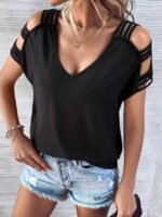 Kadın Kısa Kollu V Yakalı şerit Detaylı Viskon Bluz