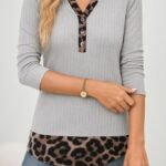 Kadın Uzun Kollu Yakadan Düğmeli Leopar Detaylı Kaşkorse Bluz