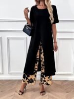 Kadın Kısa Kollu önden çapraz Detaylı Viskon Uzun Bluz Ve Desenli Iki Iplik Pantolon Ikili Takım - Görsel 2