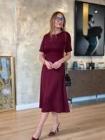 Kadın Kısa Kollu Bisiklet Yaka Midi Viskon Iki Iplik Elbise - Görsel 4