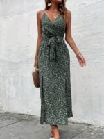 Kadın Ip Askılı Kruvaze Yakalı Yırtmaçlı Uzun Desenli Kuşaklı Süprem Elbise - Görsel 4