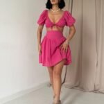 Fuşya Brode Crop Ve Mini Etek Takım