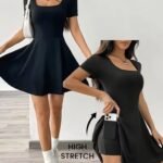 Kadın Kısa Kollu Kare Yakalı Cep Detaylı Dalgıç Elbise Tulum