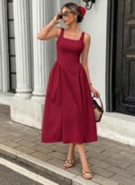 Kadın Askılı Kare Yakalı Uzun Ithal Krep Elbise - Görsel 2