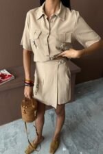 Gömlek Şort Etek Viscon Keten Takım 10162 - Görsel 4