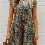 Kadın Kısa Kollu Kolları Fırfırlı Bisiklet Yakalı Kare Desenli Elbise