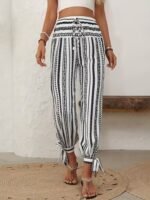 Kadın Yüksek Bel Desenli Paçadan Bağlamalı Yanları Yırtmaçlı Süprem Pantolon - Görsel 4