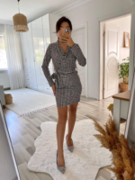 Kadın Uzun Kollu Kruvaze Yaka Bağlamalı Kemer Dalgıç Mini Boy Elbise - Görsel 16