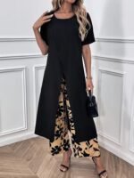 Kadın Kısa Kollu önden çapraz Detaylı Viskon Uzun Bluz Ve Desenli Iki Iplik Pantolon Ikili Takım - Görsel 3