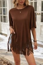 Kadın Kısa Kollu Bisiklet Yaka Püsküllü Viskon Bluz - Görsel 5