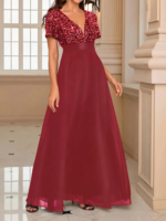 Kadın Kısa Kollu Derin V Yakalı A Kesim Pulpayet Detaylı şifon Nedime Elbisesi - Görsel 5