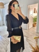 Kadın şifon Kumaş Astalı Kloş Kesim Kruvaze Yaka Midi Boy Elbise - Görsel 3