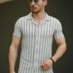 Erkek Kısa Kollu Gri çizgi Desenli örme Kumaş Pamuklu Gömlek