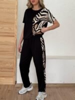 Kadın Bisiklet Yaka Kısa Kol Leopar Desen Bluz Ve Pantolon Ikili Takım - Görsel 6