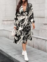 Kadın Uzun Kollu Kruvaze Yakalı Yandan Bağlamalı Desenli Mini Modal Elbise - Görsel 6