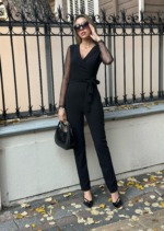 Kadın Uzun Kollu Kruvaze Yakalı Kolları Tül Detay Beli Kuşaklı Ithal Krep Tulum - Görsel 8