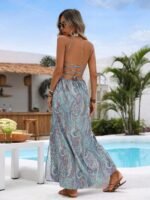 Kadın Ip Askılı Arkadan çapraz Kesim Detaylı Uzun Desenli Süprem Elbise - Görsel 3