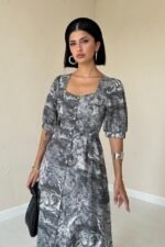 Haki Önü Düğmeli Kalp Yaka Elbise - Görsel 2