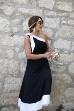 Kadın Tek Omuzu Açık Omuzlardan Kurdela Detaylı çift Renkli Ithal Krep Elbise - Görsel 3