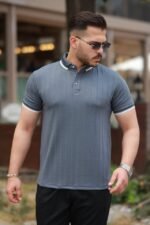 Erkek Düğme Yakalı Jakar Kumaş Kısa Kollu Tişört